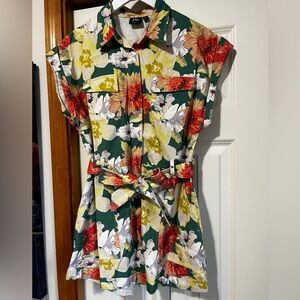 Green Floral Belted Shorts Romper with Red & Yellow Blooms